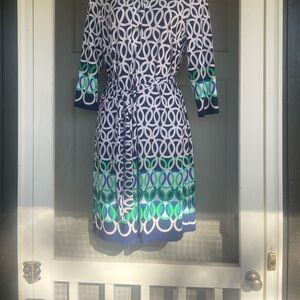 Sandra Darren Navy, Blue & Green Geometric Midi Dress with Belt